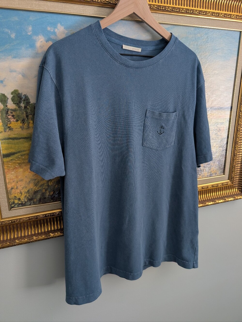 Zara Slate Blue Pique Pocket Tee with Anchor Detail